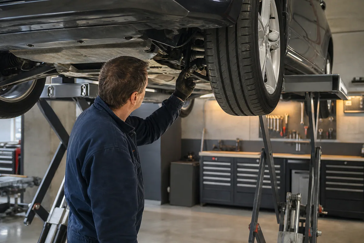 Mechanik sprawdzający zawieszenie samochodu na podnośniku